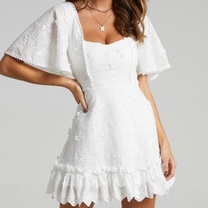 SHOW PO FANCY A SPRITZ SQUARE NECK MINI DRESS IN WHITE EMBROIDERY
